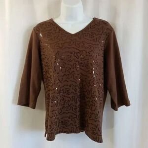 Quacker Factory Top Women's Size Small Brown Sequin Embellished Front